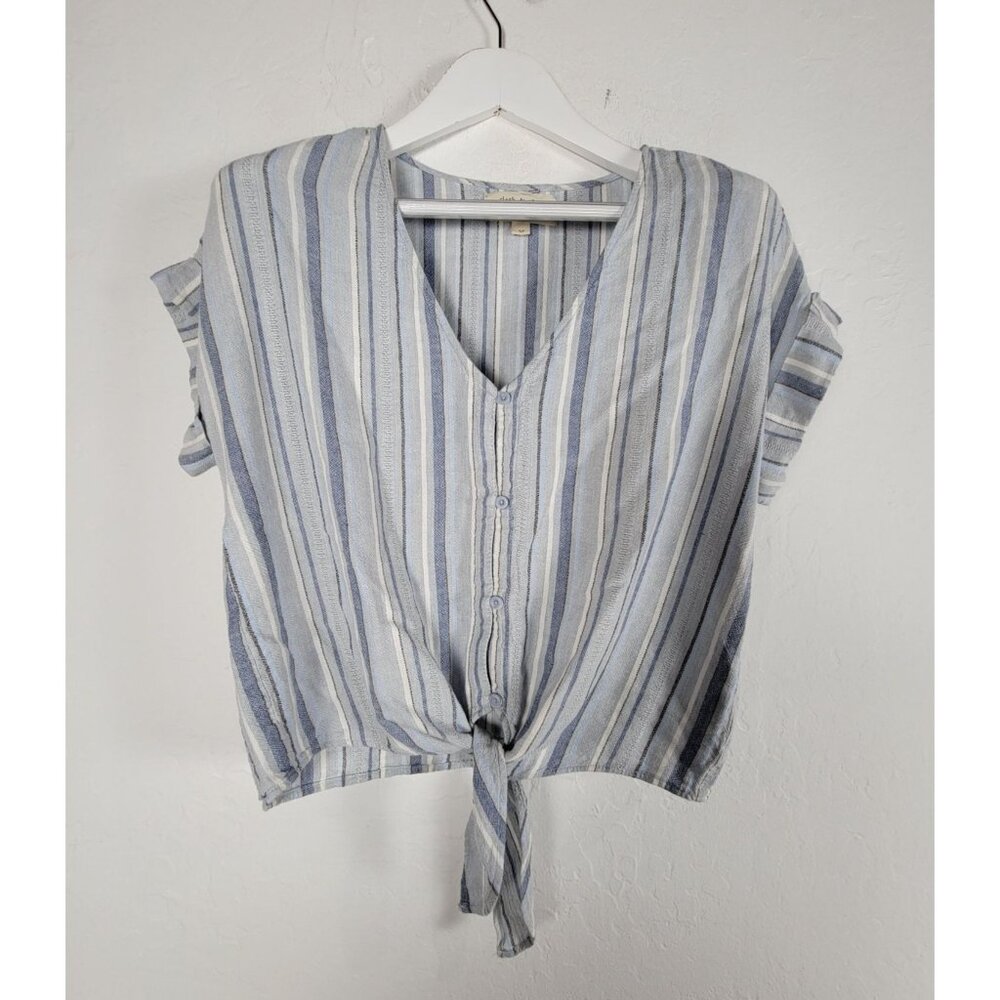 Cloth & Stone Womens Striped V-Neck Button-Front Tie-Hem Top Medium Linen Blend